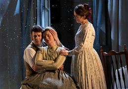 1 Charlotte Badham as Jo, Frederick Jones as Laurie and Harriet Eyley as Beth in Little Women at Opera Holland Park © Ali Wright